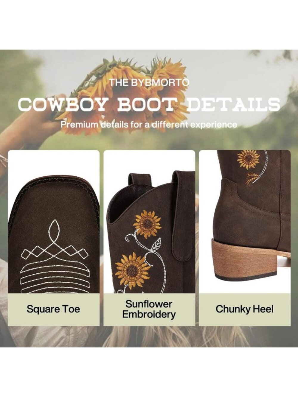 Mid Calf Floral Embroidered Cowboy Boots for Women - Retro Square Toe, Perfect - Picture 4 of 6